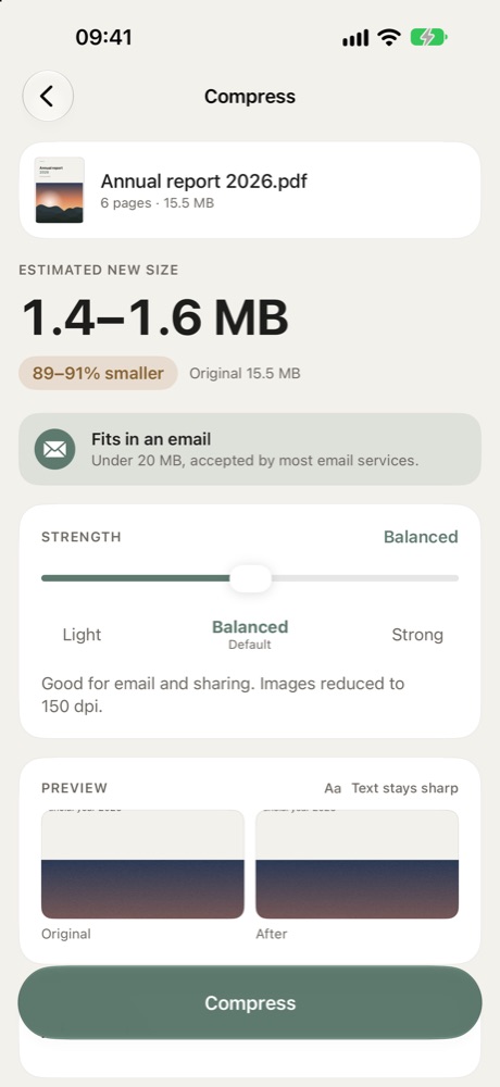 Compress screen: a 15.5 MB report estimated at 1.4 to 1.6 MB, with a note that it fits in an email.
