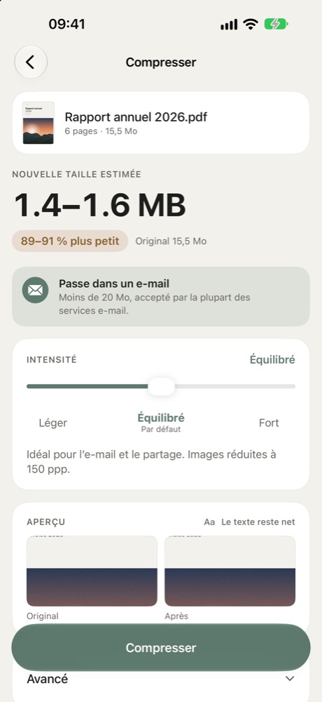 Écran Compresser : un rapport de 15,5 Mo estimé entre 1,4 et 1,6 Mo, avec l’indication qu’il passe par e-mail.